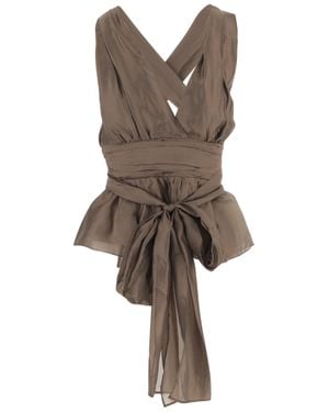 THE GARMENT V-Neck Peplum Top With Crossed Back Straps And Front Bow - Brown