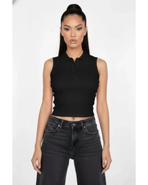 TRUEDAMES Slim-Fit Sleeveless Polo Collar Crop Top - Black