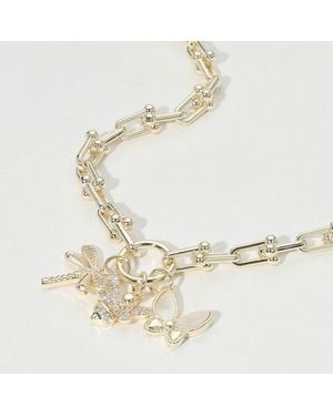 Fashnzfab 14K Plated Cz Stone Paved Dragonfly Honey Bee Mother Of Pearl Butterfly Charm Pendant Chunky Industrial Chain Necklace - Metallic