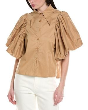 Avantlook Lantern Sleeve Button Front Top - Brown