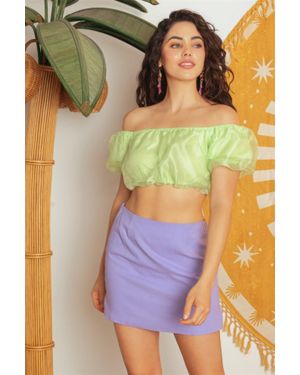 TRUEDAMES Organza Puff Short Sleeve Crop Top - Green