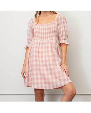 Kori Plaid Dress With Bubble Sleeves - Pink