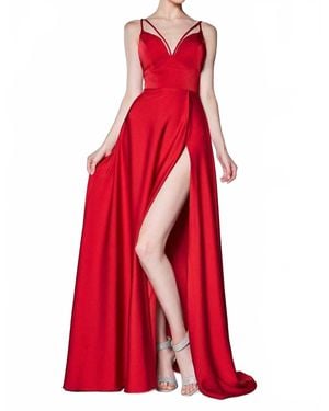 Cinderella Divine A-Line V-Neckline Gown With Slit - Red