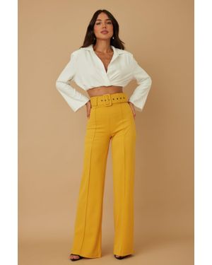 TRUEDAMES High Waist Pants With Buckle Belt - Yellow