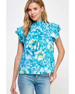 2 Hearts Apparel Ruffled Neckline Top - Blue