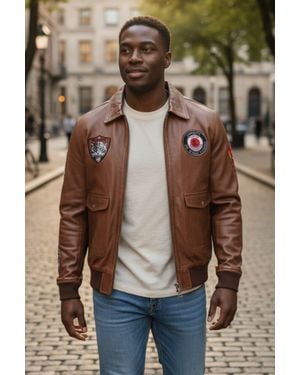Infinity Leather Tan Flying Leather Bomber Aviator Collar Jacket - Brown