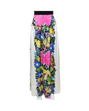 Roberto Cavalli Cream Flora & Fauna Print Satin Silk Maxi Skirt - Green