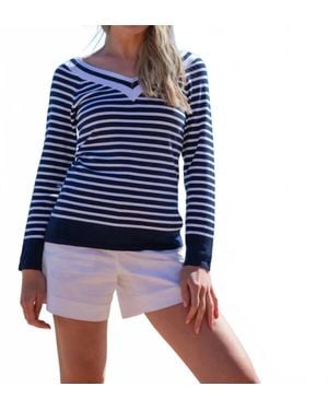 Marble V-Neck Fine Knit Contrast Stripe Sweater Top - Blue