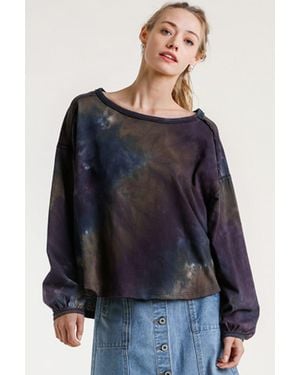TRUEDAMES Full Size Tie Dye Round Neck Long Balloon Sleeve Top Plus Size - Blue