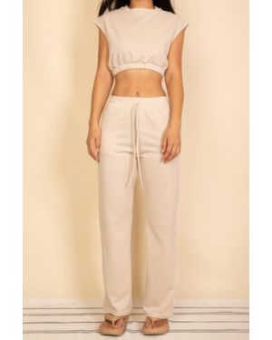 TRUEDAMES Elastic Hem Crop Top & Wide Leg Pants Set With Faux Drawstring - Natural