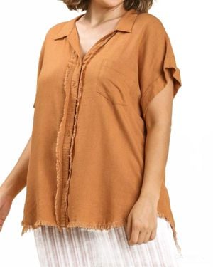 Umgee Linen Button Front Fray Hem Top - Orange