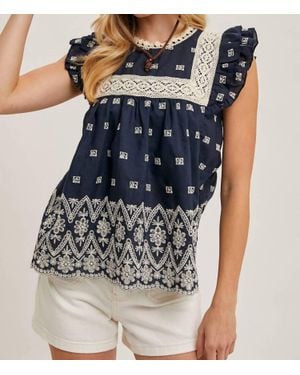 Bluivy Boho Floral Embroidered Baby Doll Blouse - Blue