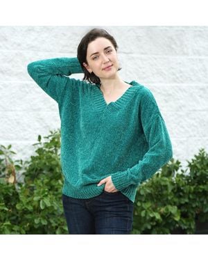 TRUEDAMES Solid Color V Neck Sweater Top - Green