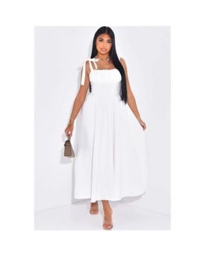 TRUEDAMES Solid Tie Straps Waist Corset Ruched Full Dress - White