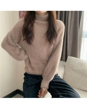 TRUEDAMES High-Neck Faux Fur Knit Sweater - Brown