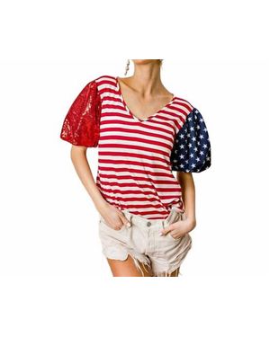 Bibi American Flag Stars And Stripes Sequin Sleeve Top - Red