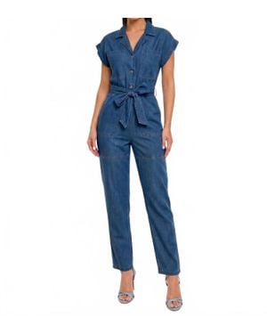 Shop Iris Basic Belted Notch Cuffed Sleeve Jumpsuit - Blue