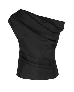 Self-Portrait Asymmetrical Draped One-Shoulder Taffeta Top - Black