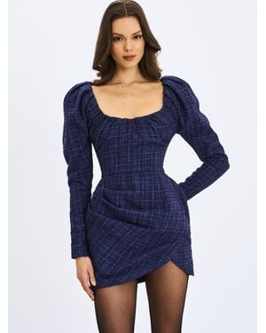 Miss Circle Denise Tweed Ruched Puff Sleeve Mini Dress - Blue