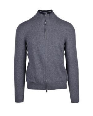 Fedeli Cashmere Zip Cardigan With High Collar And Ribbed Detailing - Blue