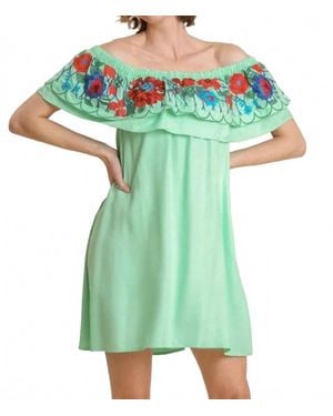 Umgee Floral Embroidered Ruffled Dress - Green