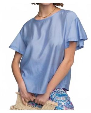 Easel Ruffle Short Sleeve Washed Satin Blouse - Blue