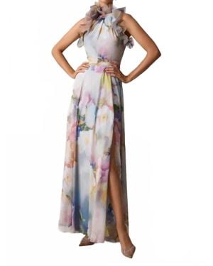 Teri Jon Chiffon Watercolor Organza Halter Gown - Blue