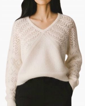 Autumn Cashmere Fancy Pointelle Stitchery Dolman V Neck Sweater - Natural