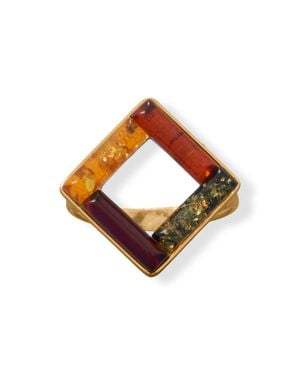 Fashnzfab 24 Karat Plated Square Color Baltic Amber Ring - Brown