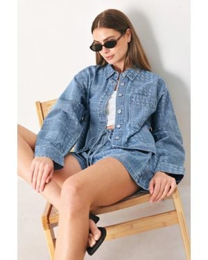 TRUEDAMES Vintage Bandana Denim Jacket - Blue