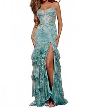 Jovani Spaghetti Strap Beaded Bodice Gown With High Slit - Green
