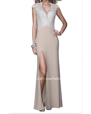 La Femme Jersey Dress With An Elegant Embroidered Bodice And Sheer Cap Sleeves - Natural