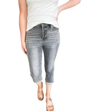 Judy Blue High Waist Cuffed Button Fly Capri Pants - Gray