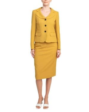 TRUEDAMES Notched Collar 3 Button Flap Pocket Square Texture Jacket With Zipper Back Skimmer Skirt (Two Piece) - Yellow