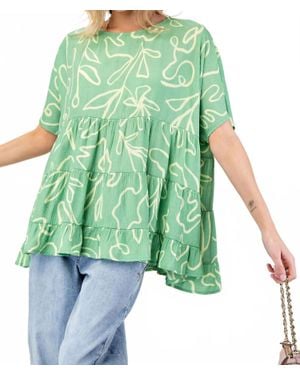 Easel Printed Peach Blossom Babydoll Tunic Top - Green