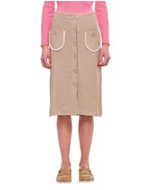 Cormio Knit Midi Skirt With Embroidered Flower Pockets - Natural
