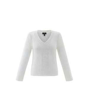 Marble V-Neck Sweater With Contrast Knit Panel - White
