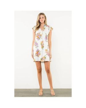 Thml Floral Flutter Sleeve Mini Dress With Pom Trim - White