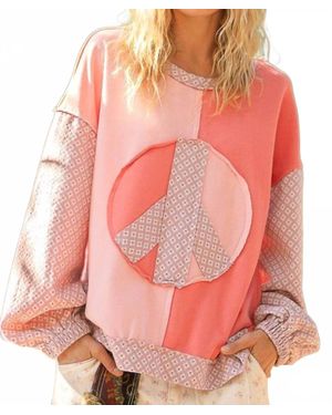 Pol Vintage Washed Long Sleeve Peace Patch Front Top - Pink