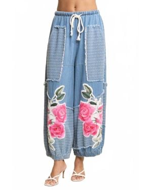 Davi & Dani Denim Flower Patchwork Pants - Blue