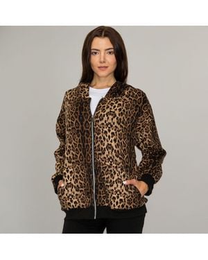 TRUEDAMES Rhinestone Studded Leopard Pattern Hooded Jacket - Brown