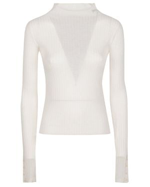 Patrizia Pepe Long Sleeve Turtle Neck Fitted Ribbed Wool Turtleneck - White