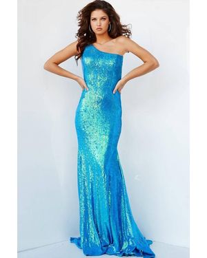 Jovani Fitted Long One Shoulder Evening Gown - Blue