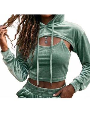 SurelyMine Malibu Vintage Relaxed Velvet Cropped Hoodie Set - Green