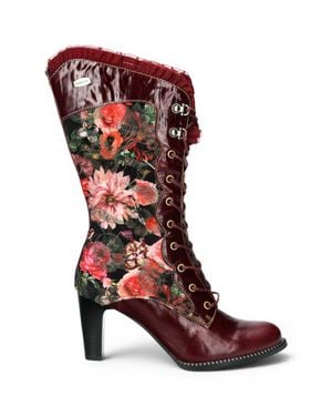 Laura Vita Floral Goth Victorian Leather Heeled High Boots - Red