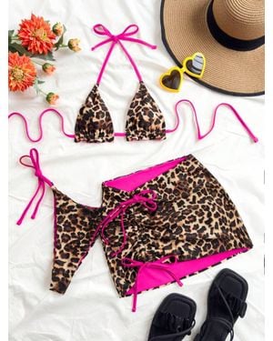 TRUEDAMES Color Block Bikini Three Piece Swimsuit Sexy Backless Skirted Bikini Swimwear For - Pink