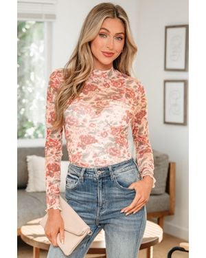 TRUEDAMES Retro Floral Print Mock Neck Mesh Long Sleeve Top - Pink
