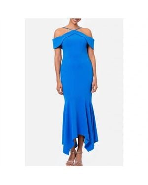 Xscape Evening Cold Shoulder Handkerchief Hem Scuba Crepe Gown - Blue