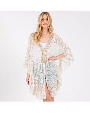 TRUEDAMES Flower Lace Tassel Deco Cover Up Poncho - White