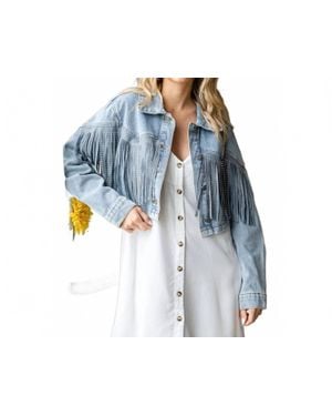 Veveret Rhinestone Fringe Cropped Denim Moto Jacket - Blue